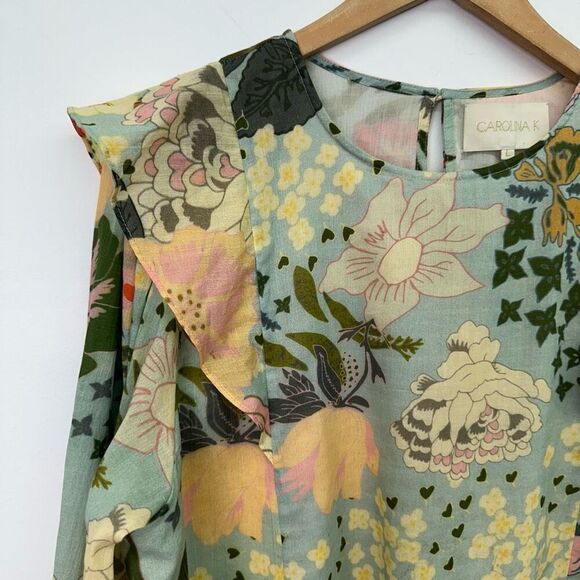 Anthropologie Carolina K Women’s Blue Large Floral Printed Pullover Blouse - Picture 10 of 14